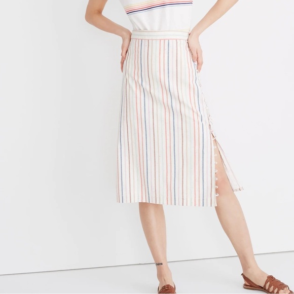 Madewell Button Slit Flecked Nebs Stripe Pearl Ivory Rainbow Midi Skirt Size 4 - Picture 1 of 16